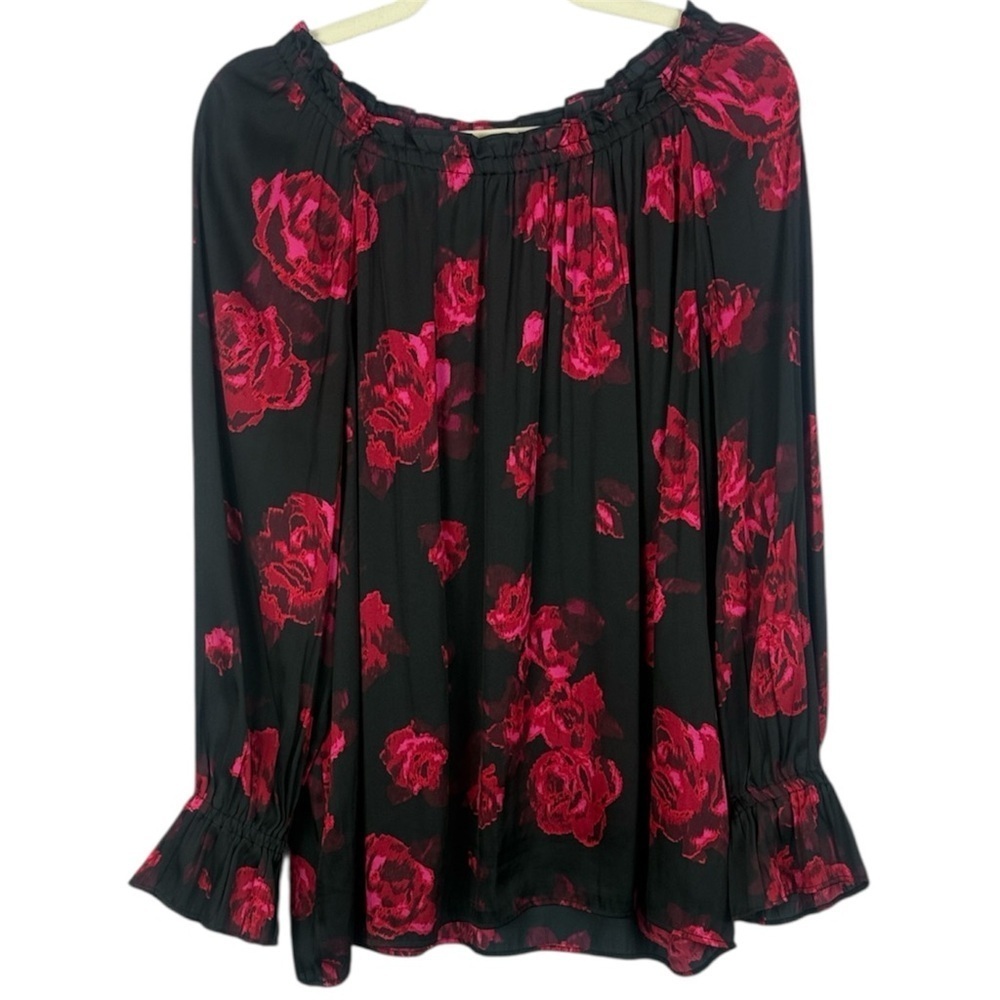Talbots Black & Pink Dark Floral Rose Ruffle Neck Wrist Romantic Large Blouse